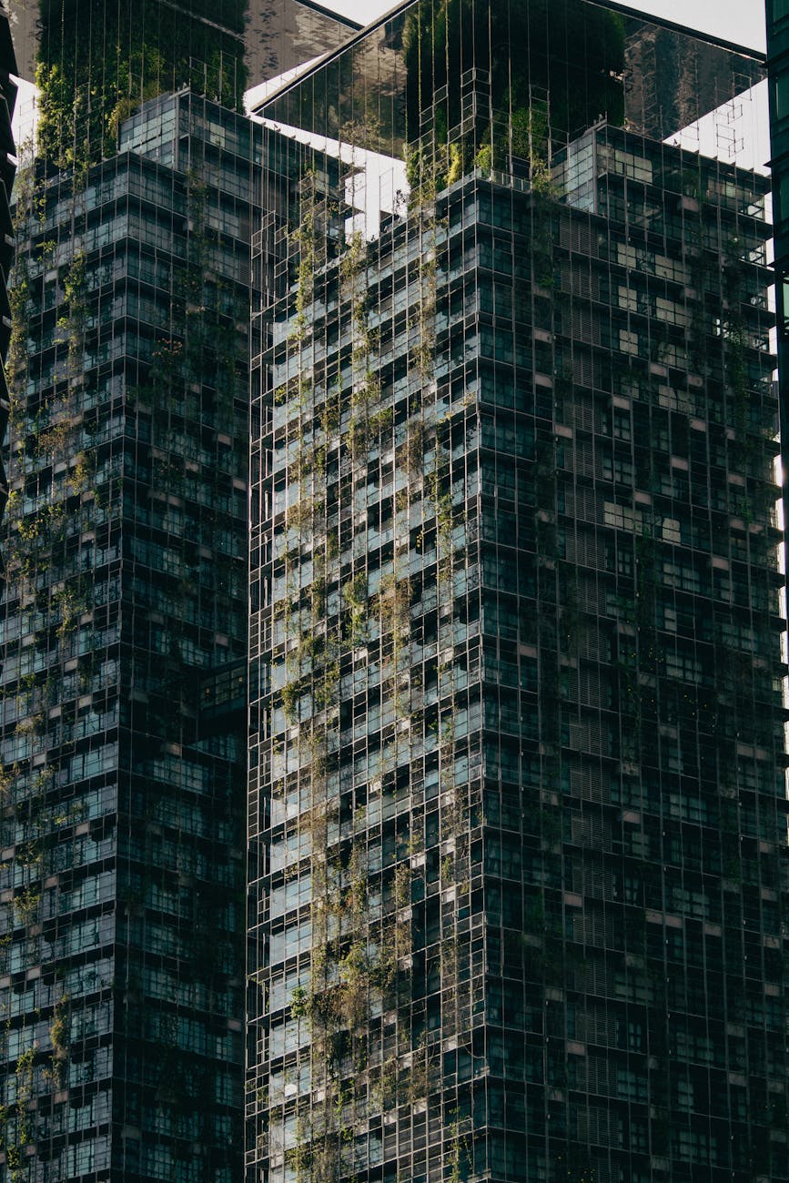 A futuristic depiction of a cityscape with sustainable architecture