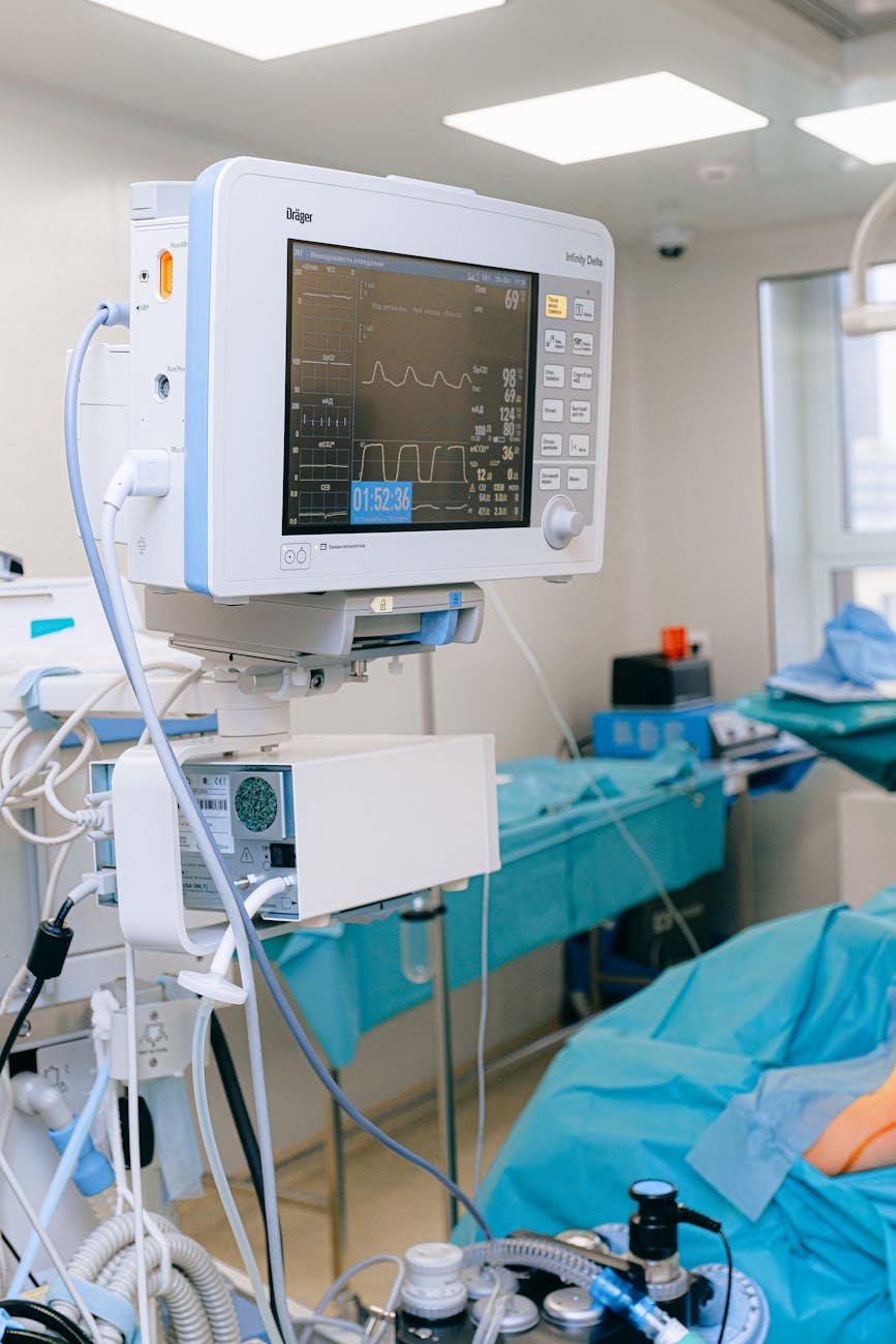 An illustration of a futuristic hospital with AI-powered medical equipment