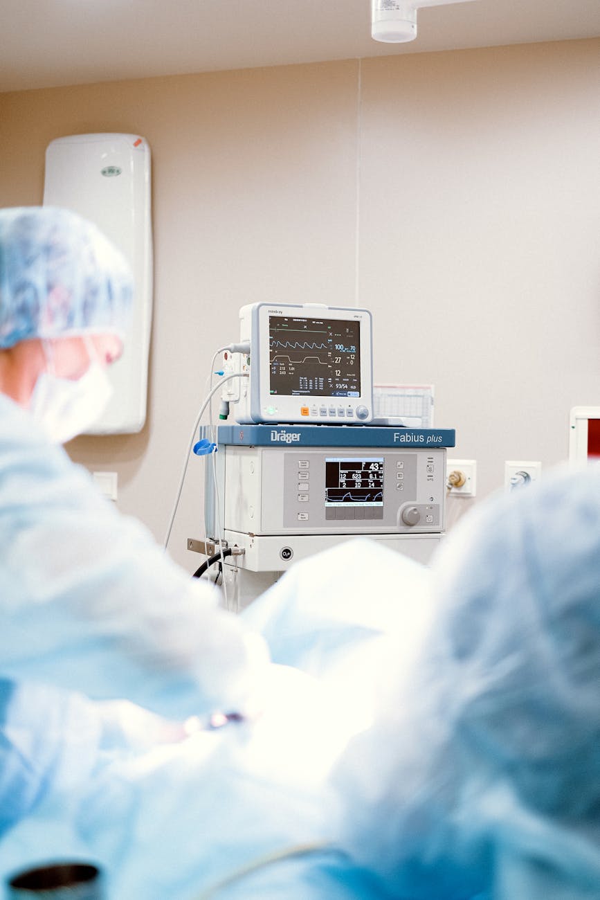 A futuristic hospital with AI-powered medical equipment and happy patients