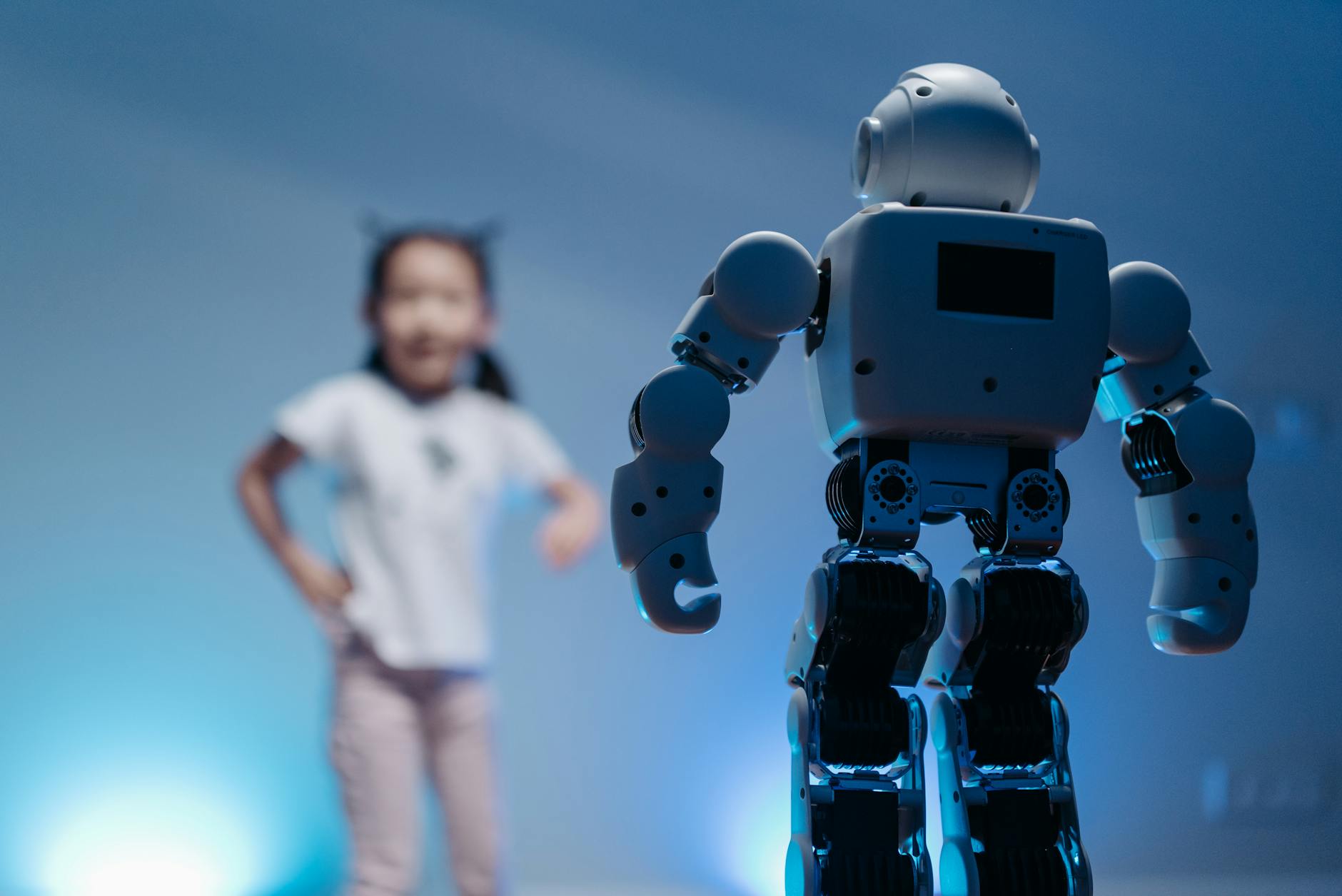 A futuristic cityscape with humanoid robots and humans coexisting