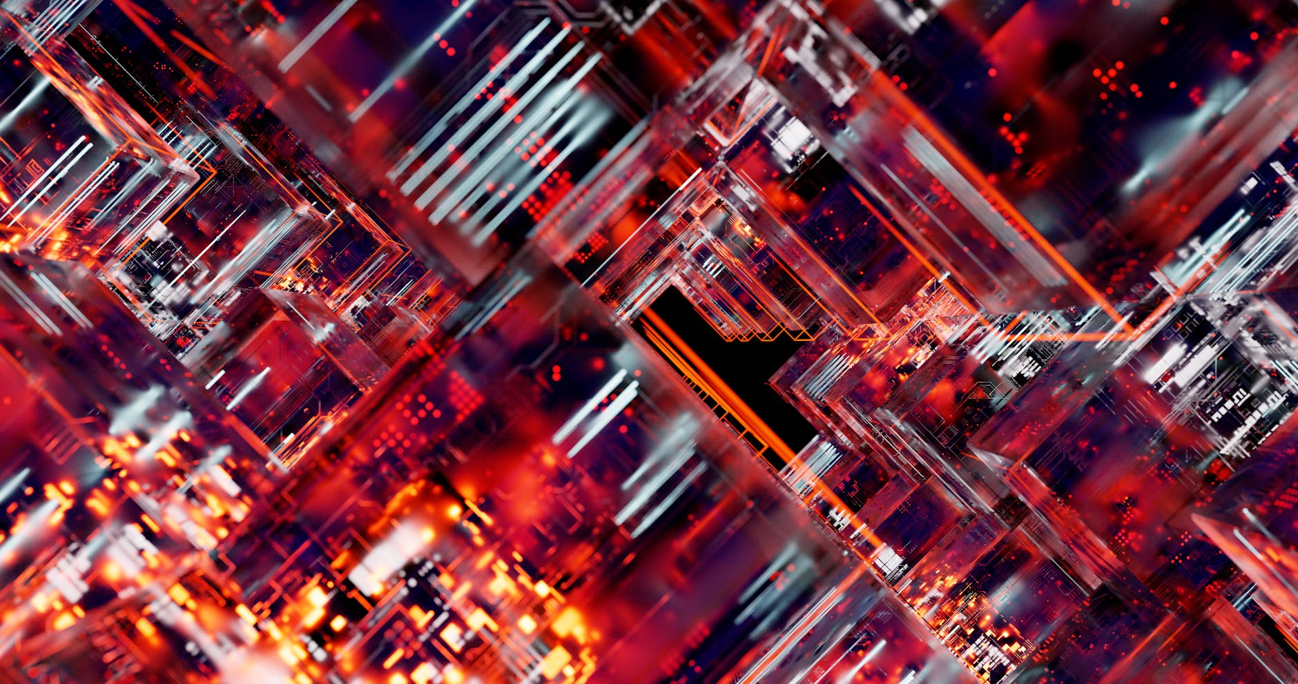 An abstract representation of a quantum computer's inner workings, with light trails signifying rapid data processing and complex calculations.