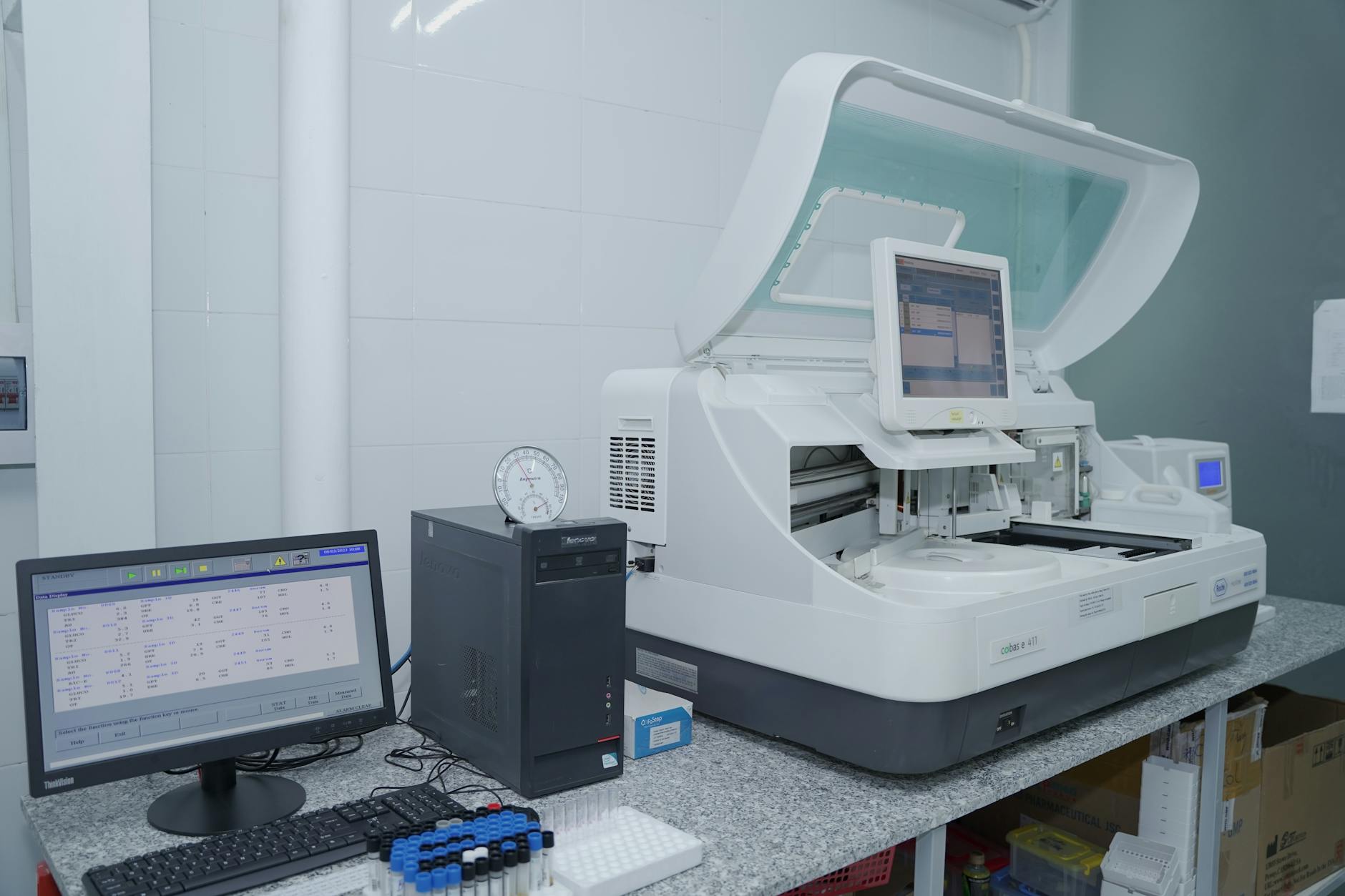 A futuristic laboratory setting with multiple OOC devices integrated into automated testing stations, showcasing scalability and high-throughput capabilities.