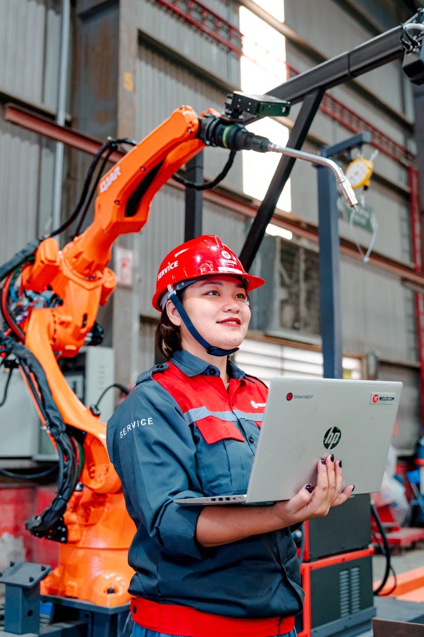 A conceptual image of a smart factory of the future, with robots and AI systems working in perfect synergy, managed by a central digital twin interface.