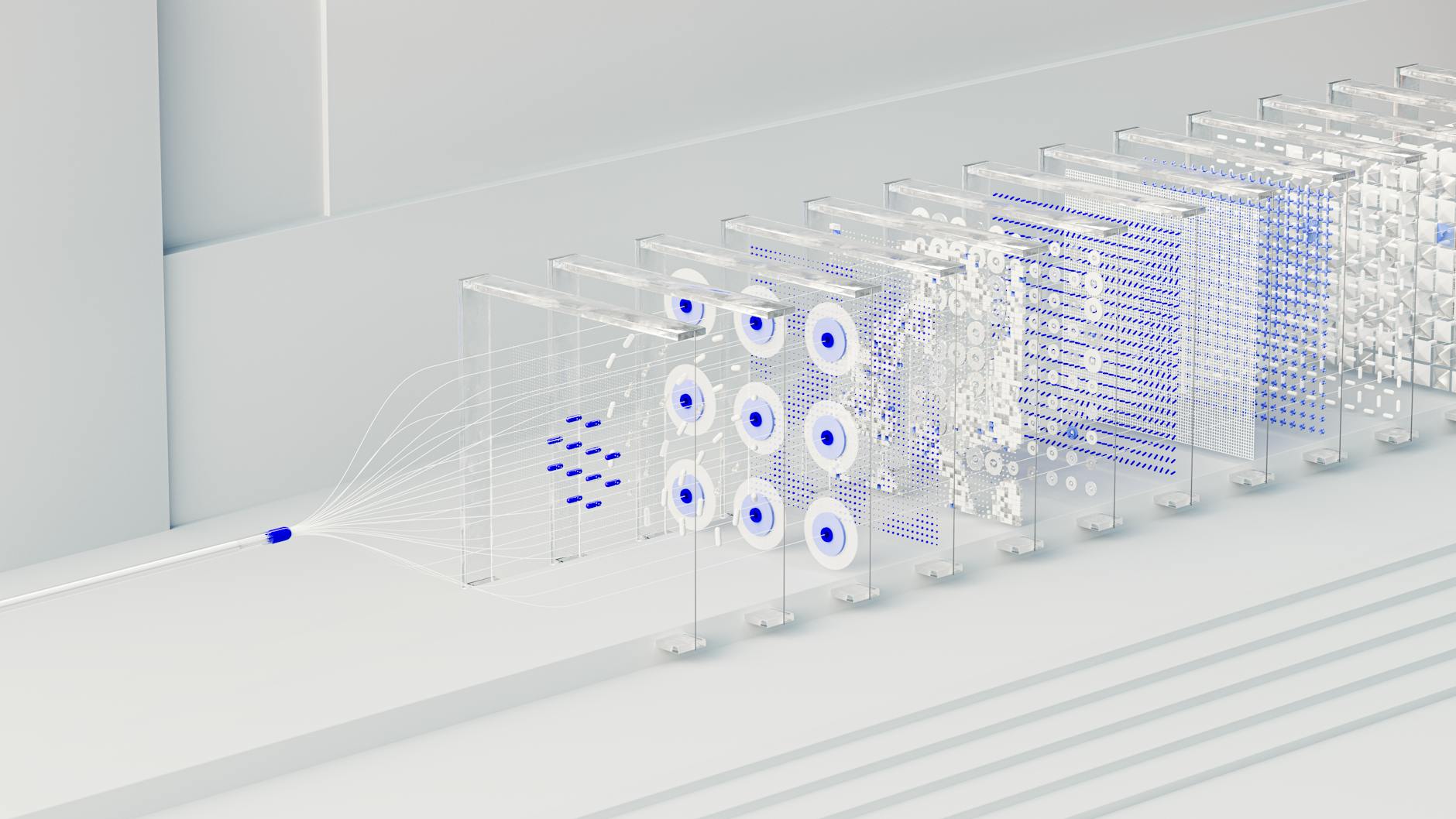 복잡한 제조 조립 라인의 홀로그램 투영. 데이터 흐름이 표시되고 최적화 가능성이 있는 영역이 강조 표시됩니다. 이는 디지털 트윈을 활용한 시뮬레이션 및 개선 과정을 시각적으로 보여줍니다.