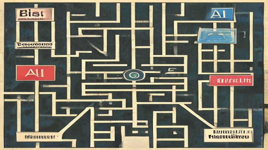 A visual representation of a complex ethical maze with signs pointing to 'Bias,' 'Privacy,' 'Transparency,' and 'Regulation,' with a clear path leading to 'Responsible AI in Healthcare.'