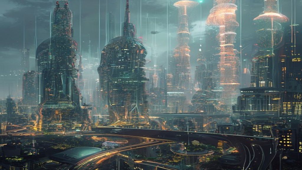 A panoramic, futuristic cityscape seamlessly integrated with organic, glowing biological structures, symbolizing the harmonious convergence of advanced technology, AI, and biotechnology for human flourishing.