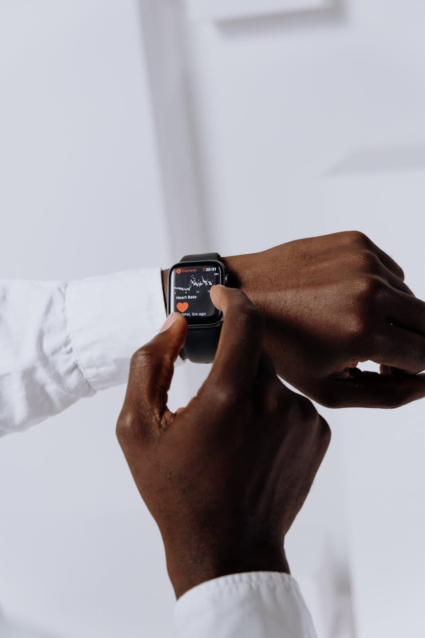 A data visualization dashboard showcasing various health metrics from wearable devices and patient inputs, processed by an AI algorithm.