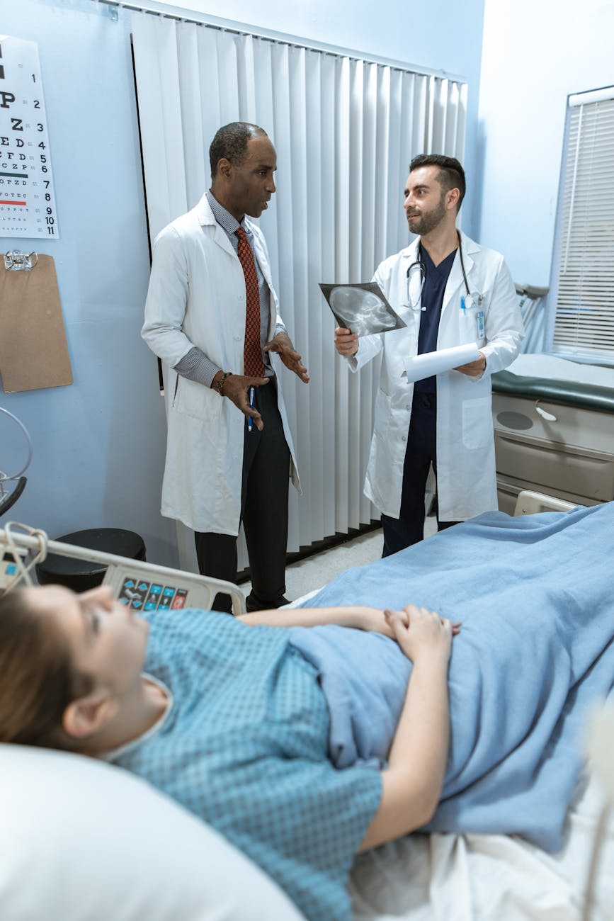 A close-up shot of a physician and patient engaging with a holographic display showing detailed patient data and treatment options, emphasizing collaborative, data-driven care.