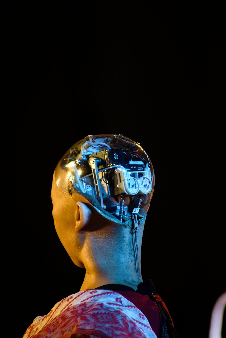 A split image showing on one side, a sophisticated AI neural network visualization, and on the other, a detailed close-up of a robotic arm performing a delicate maneuver in space.