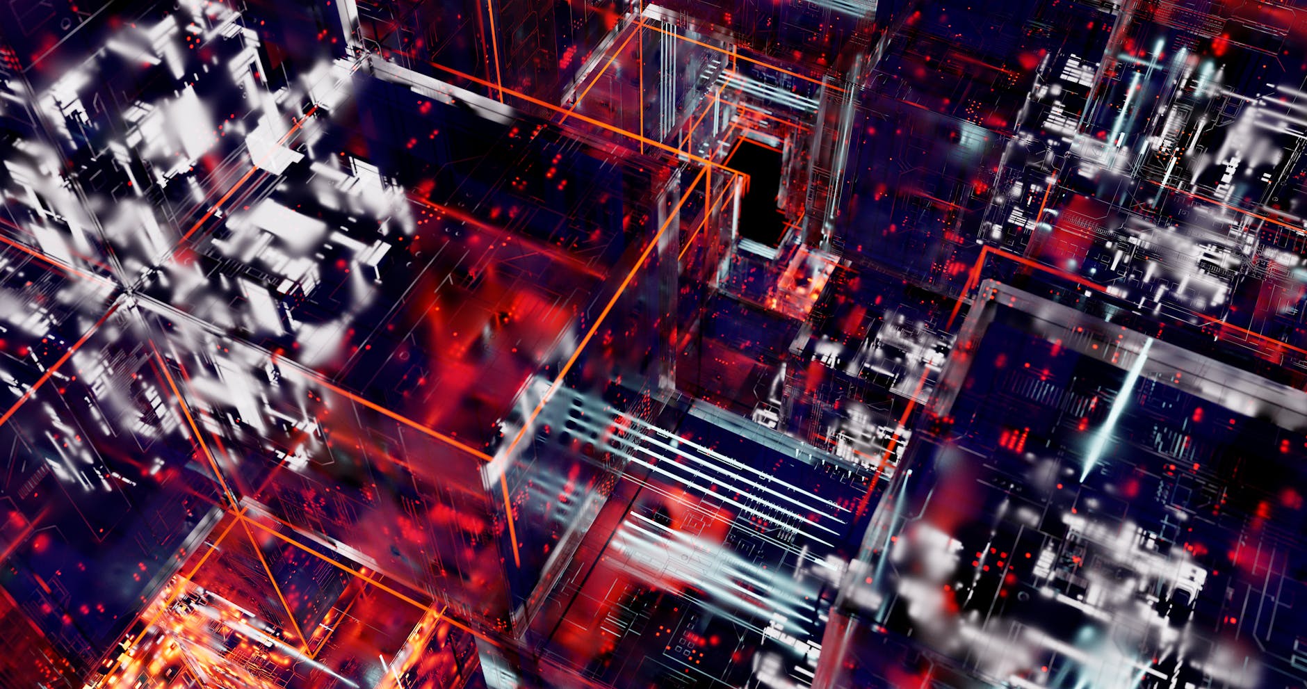 A futuristic cityscape at night, with glowing data streams connecting skyscrapers, symbolizing interconnected industrial systems under cyber threat.