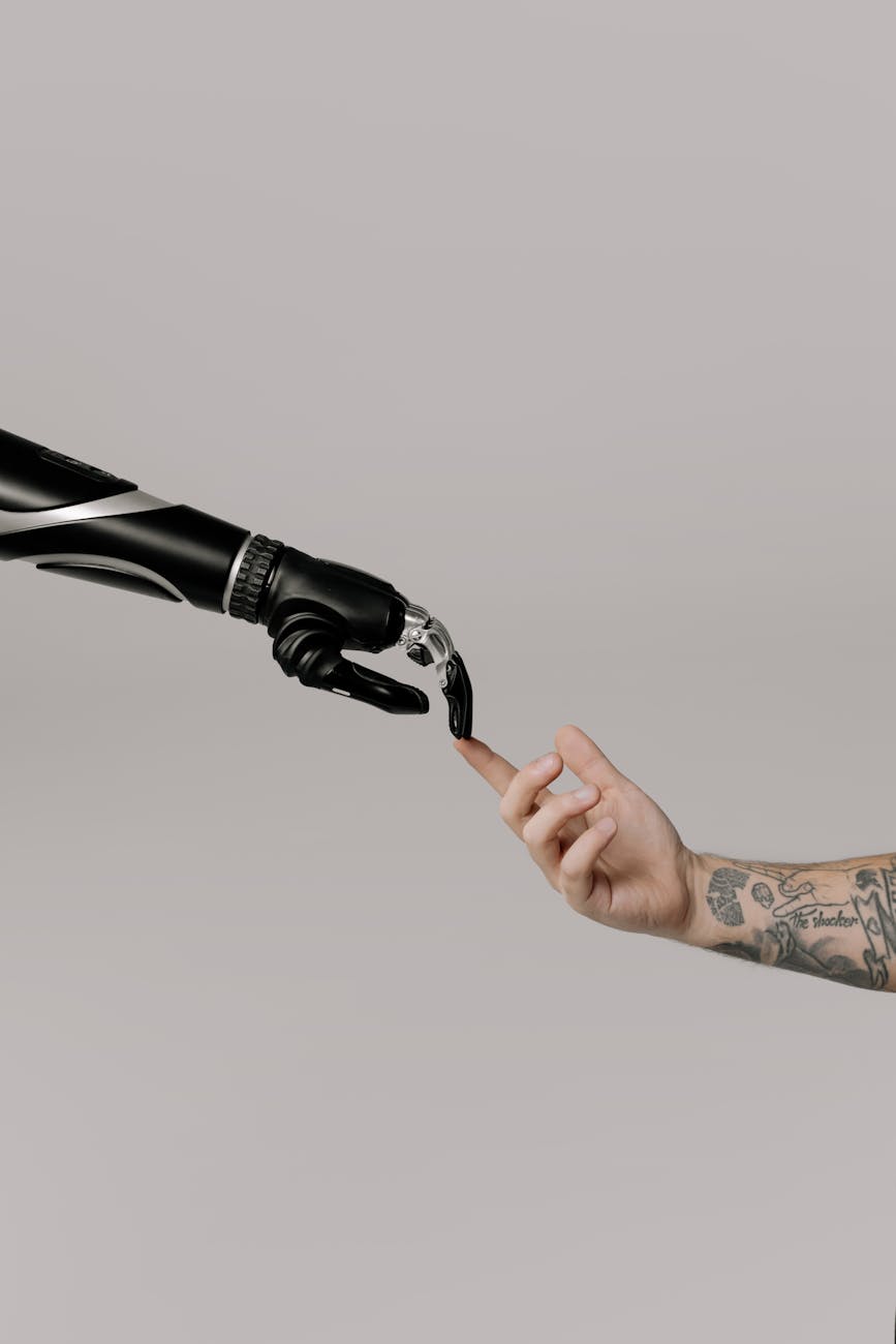 A close-up of a human hand interacting with a holographic AI interface displaying molecular data, representing the synergy between human expertise and artificial intelligence.