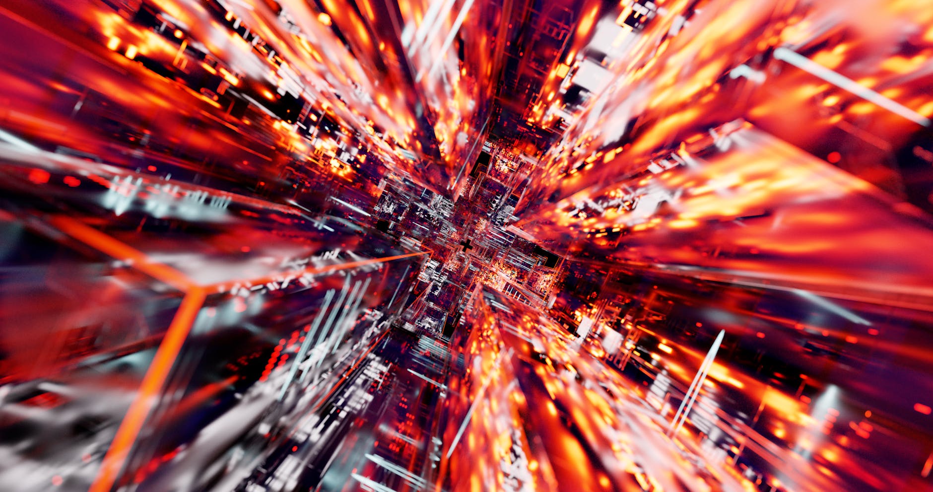 A futuristic cityscape with glowing data streams connecting skyscrapers, representing a hyper-connected world under cyber threat.