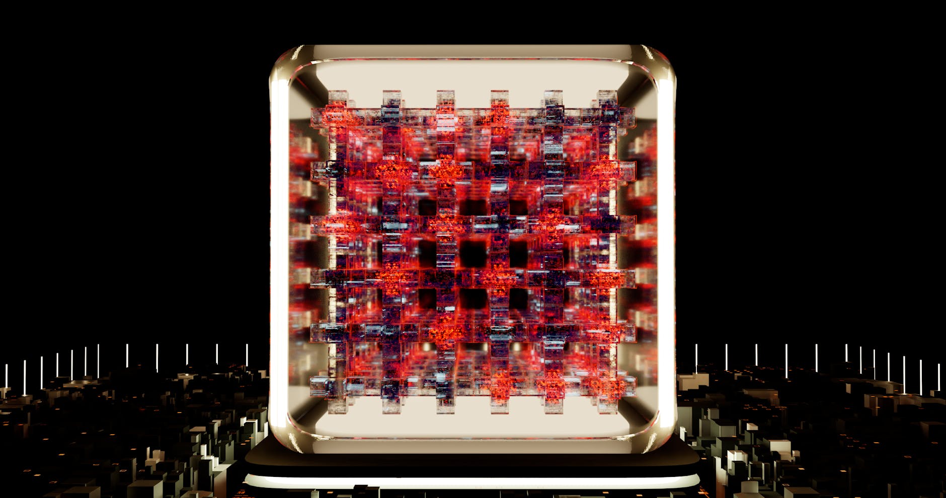 A split visualization showing the secure enclave in a CPU processing sensitive data for AI model training, contrasted with the unprotected data outside the enclave.