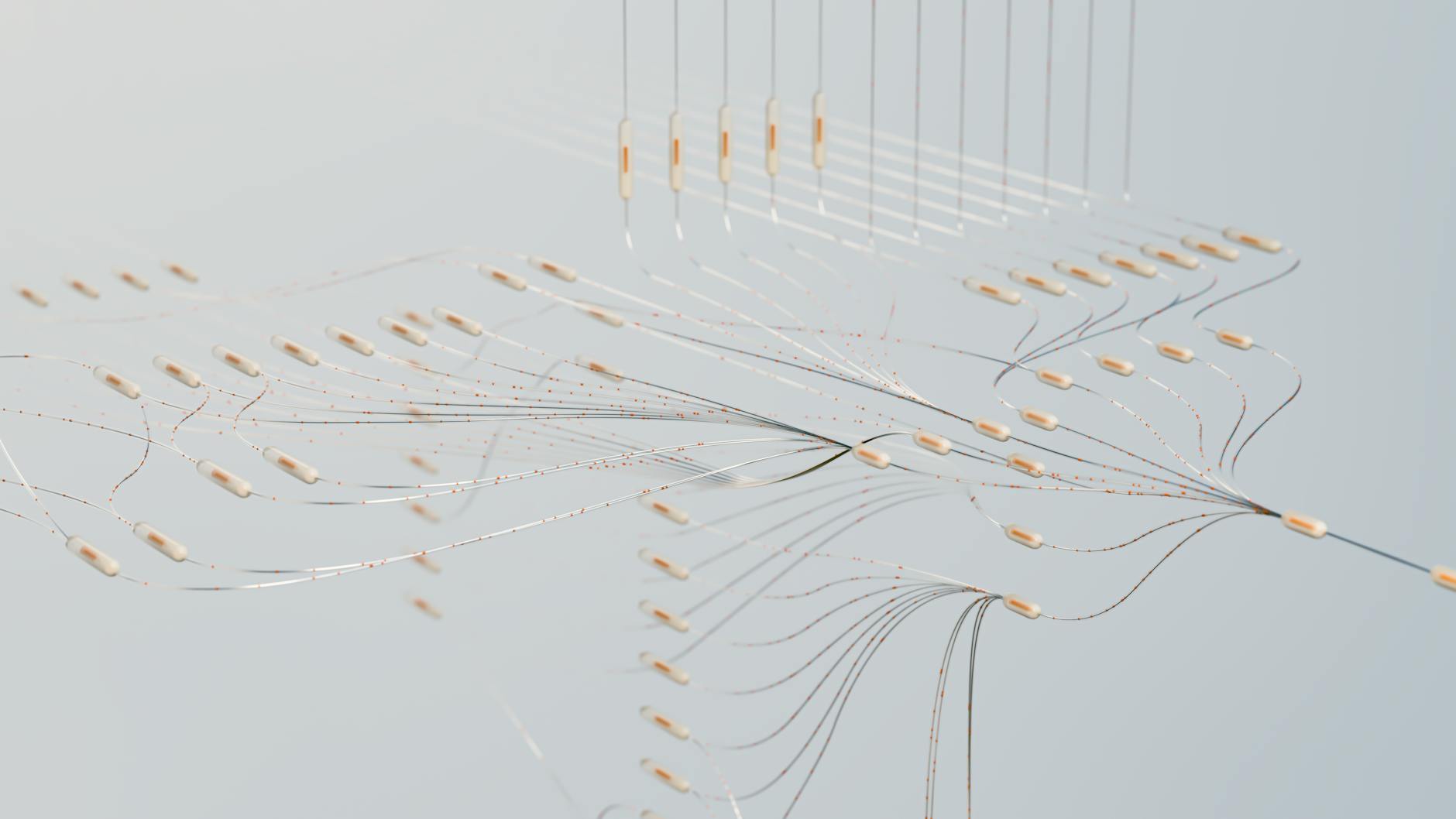 Abstract visualization of encrypted data flowing securely through a cloud network, with AI processing nodes depicted as intelligent hubs.