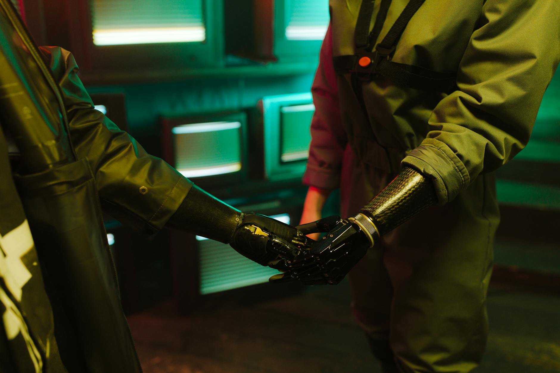 A symbolic image of a handshake between a human hand and a robotic hand, superimposed over a glowing energy grid, representing the collaboration between human ingenuity and AI in powering the future.