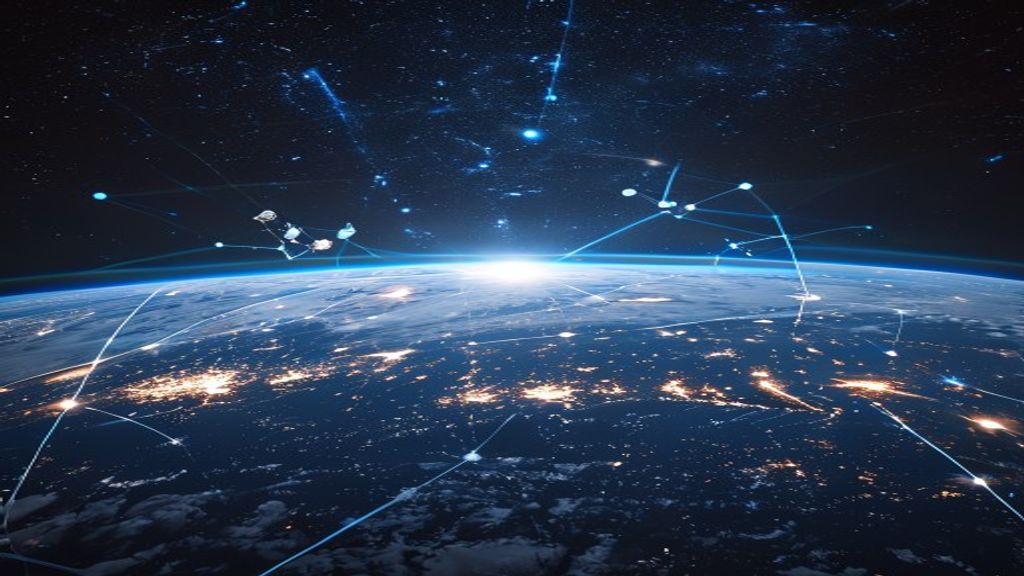 A panoramic view of Earth from space, with a constellation of gleaming SBSP satellites orbiting above, interconnected by subtle energy beams, symbolizing a unified global energy grid.