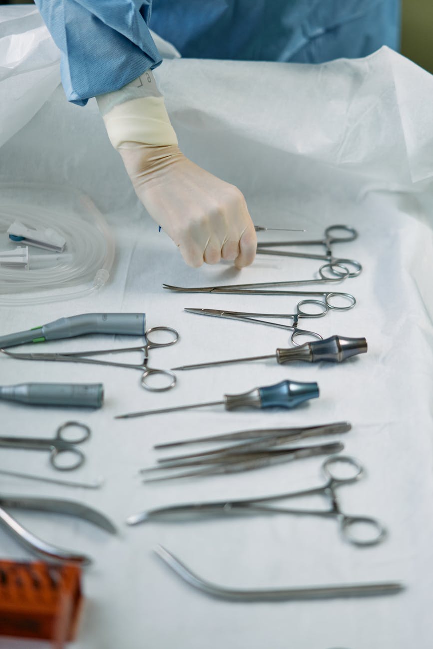 Close-up of a surgeon's hands, gloved and focused, interacting with a holographic interface displaying complex 3D surgical plans generated by AI.